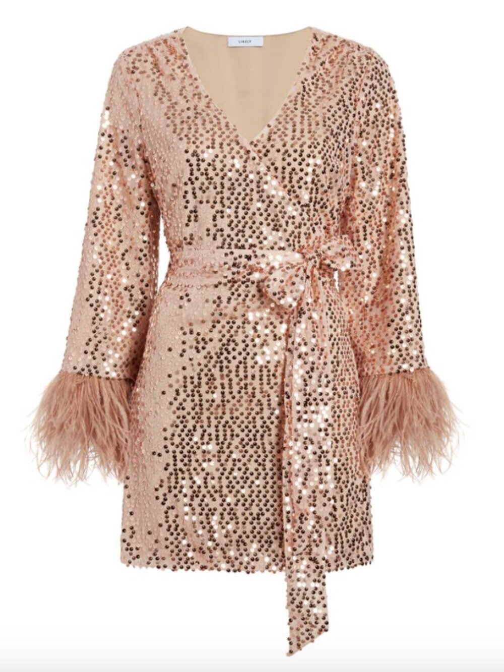 LIKELY Bridges Dress Rose Gold Sequin Feather Cuff Wrap Mini Dress Size 4